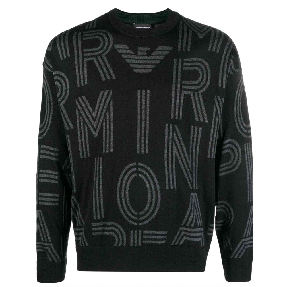 Emporio Armani Men's Wool‑Blend Logo‎ Pullover Sweater Black Grey 7V1MXK Size XL